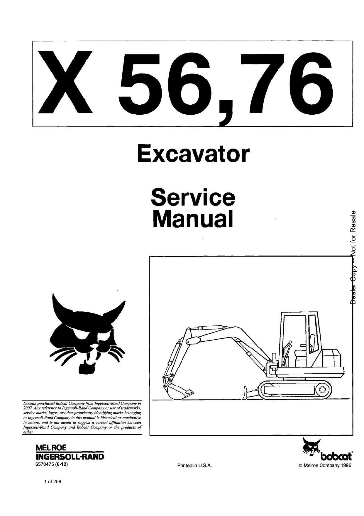 X56, 76 Excavator Service Manual Bobcat